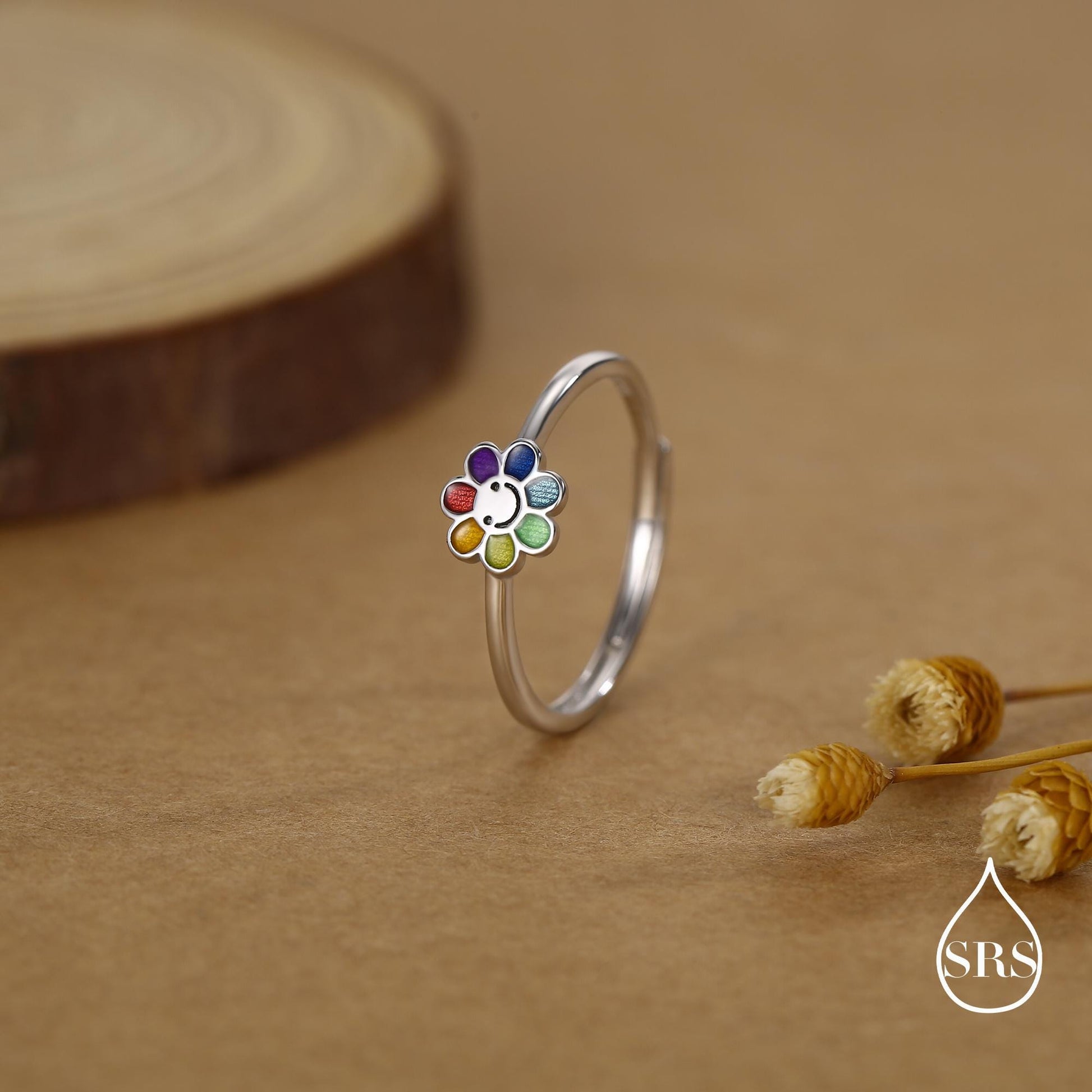 Sterling Silver Cute Little Smiling Flower Ring, Adjustable Size, Cute Rainbow Flower Jewellery, Dainty and Delicate, Flower Ring