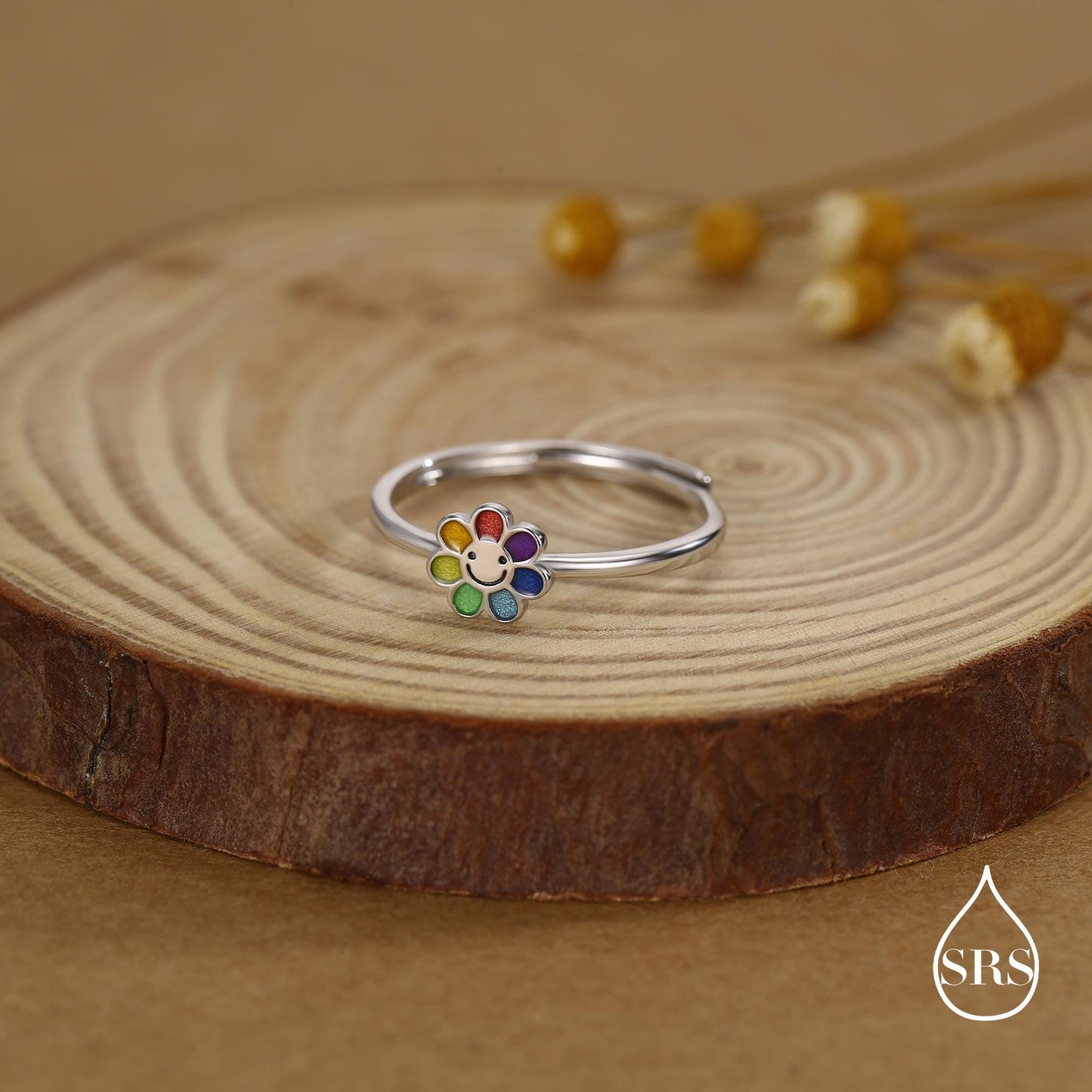 Sterling Silver Cute Little Smiling Flower Ring, Adjustable Size, Cute Rainbow Flower Jewellery, Dainty and Delicate, Flower Ring
