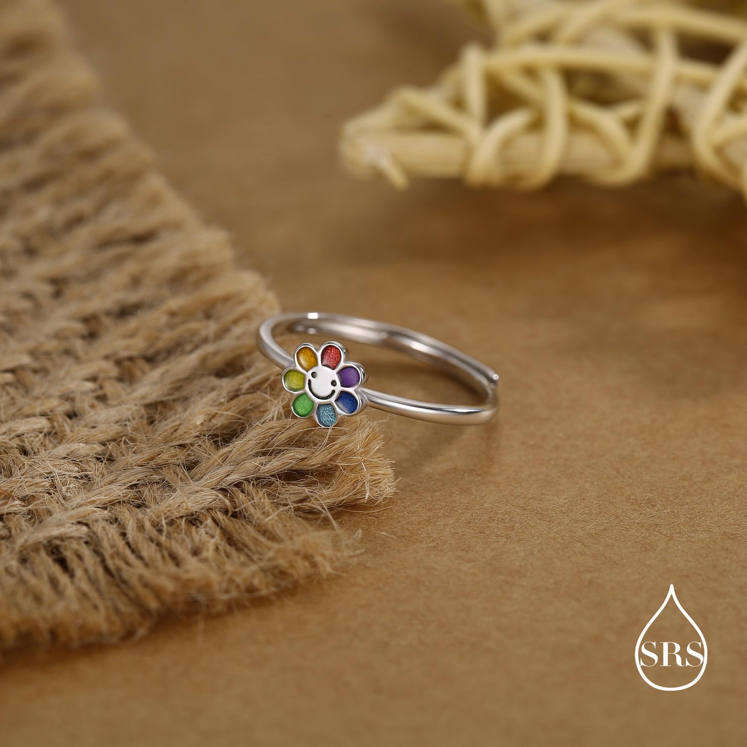 Sterling Silver Cute Little Smiling Flower Ring, Adjustable Size, Cute Rainbow Flower Jewellery, Dainty and Delicate, Flower Ring