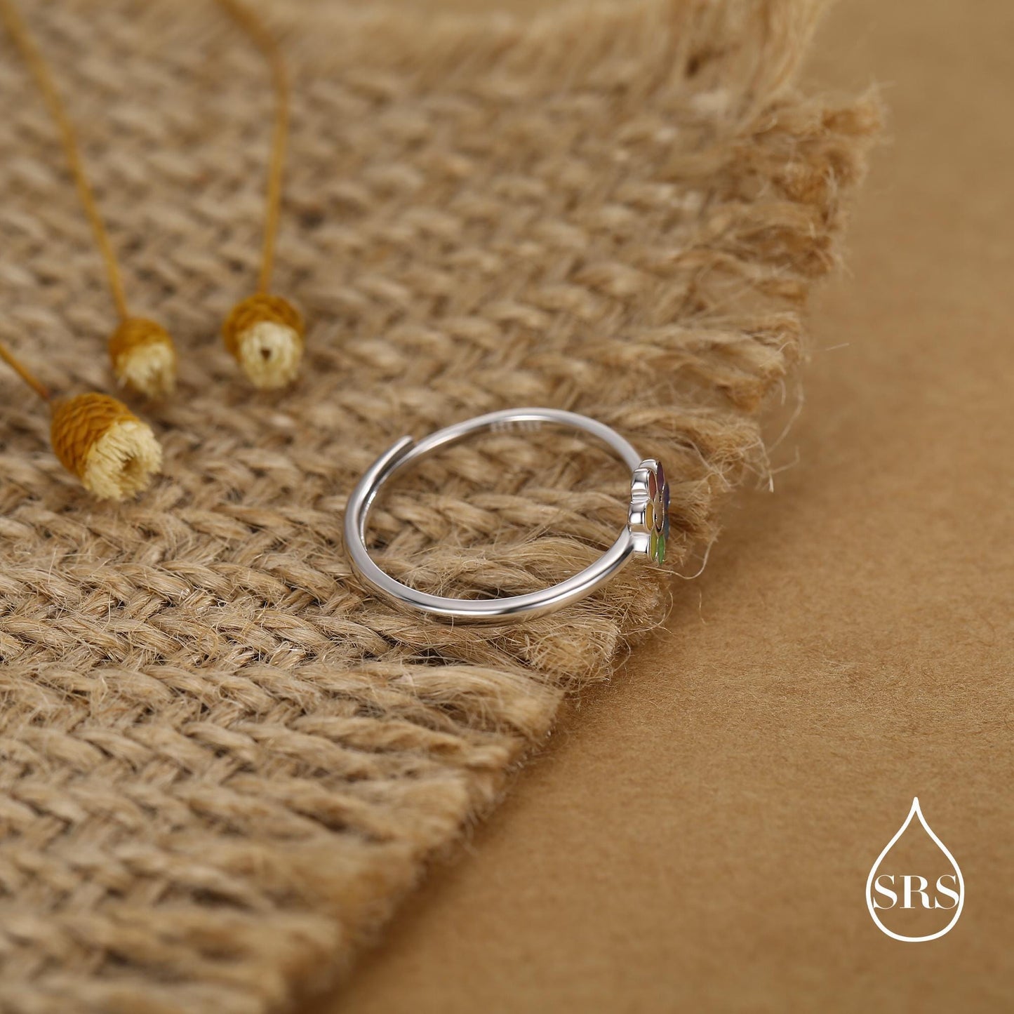 Sterling Silver Cute Little Smiling Flower Ring, Adjustable Size, Cute Rainbow Flower Jewellery, Dainty and Delicate, Flower Ring