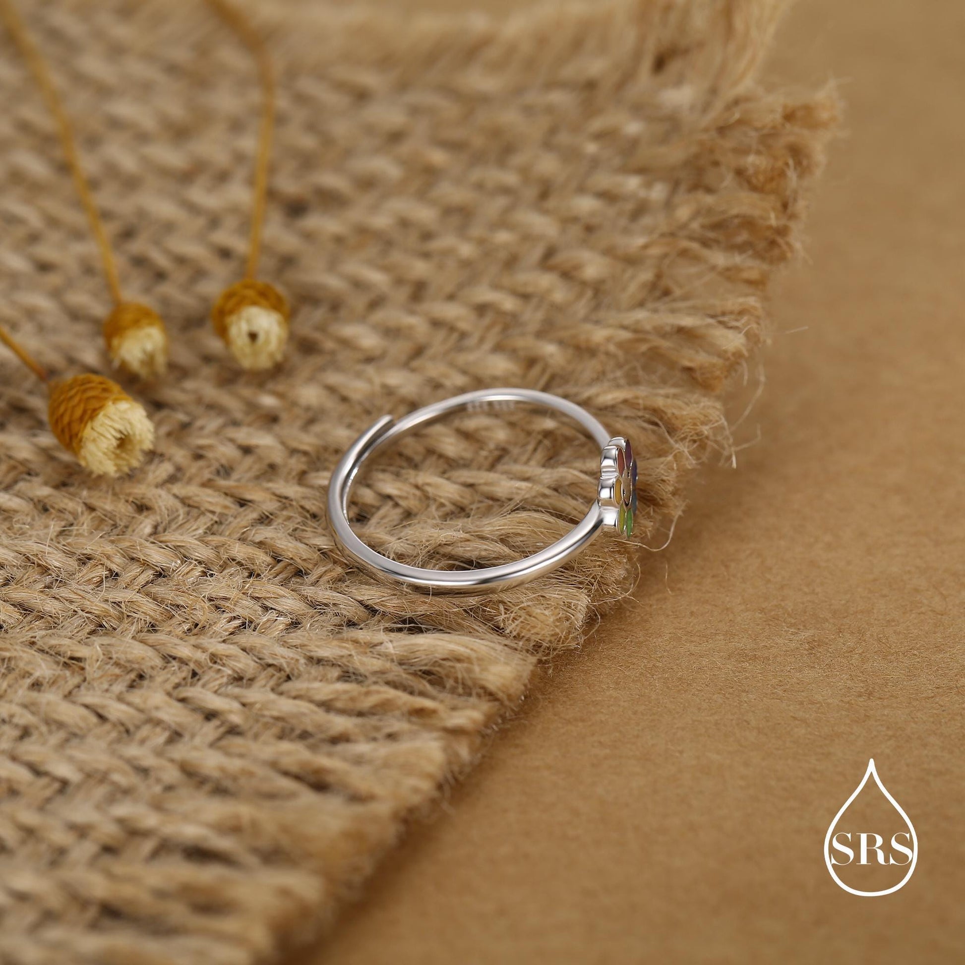 Sterling Silver Cute Little Smiling Flower Ring, Adjustable Size, Cute Rainbow Flower Jewellery, Dainty and Delicate, Flower Ring