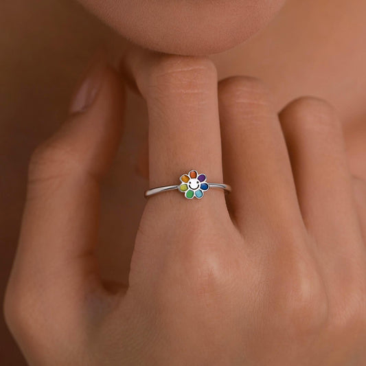 Sterling Silver Cute Little Smiling Flower Ring, Adjustable Size, Cute Rainbow Flower Jewellery, Dainty and Delicate, Flower Ring