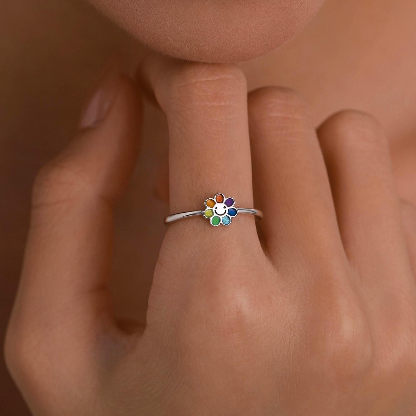 Sterling Silver Cute Little Smiling Flower Ring, Adjustable Size, Cute Rainbow Flower Jewellery, Dainty and Delicate, Flower Ring