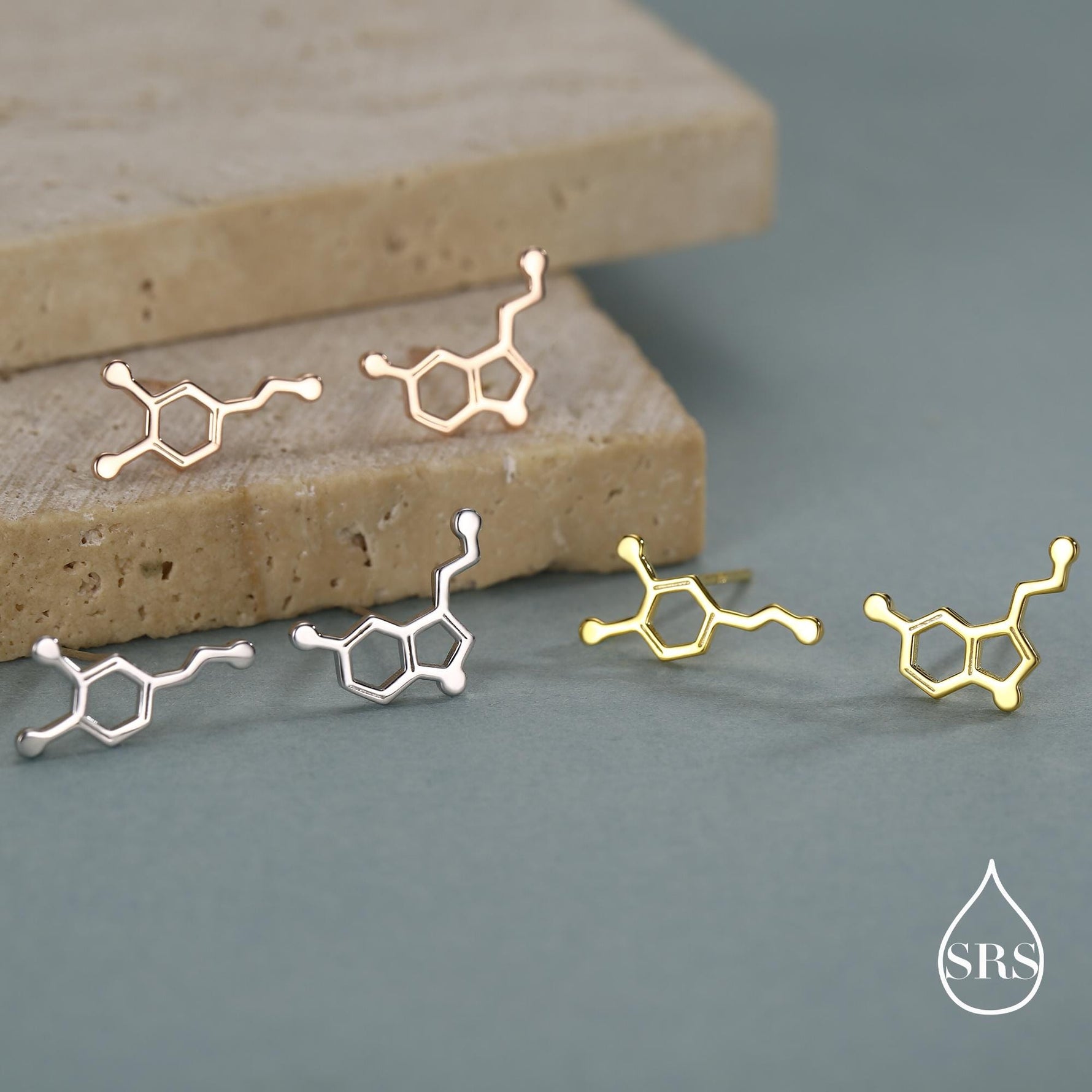 Mismatched Happiness Molecules Stud Earrings in Sterling Silver, Asymmetric Dopamine and Serotonin Earrings