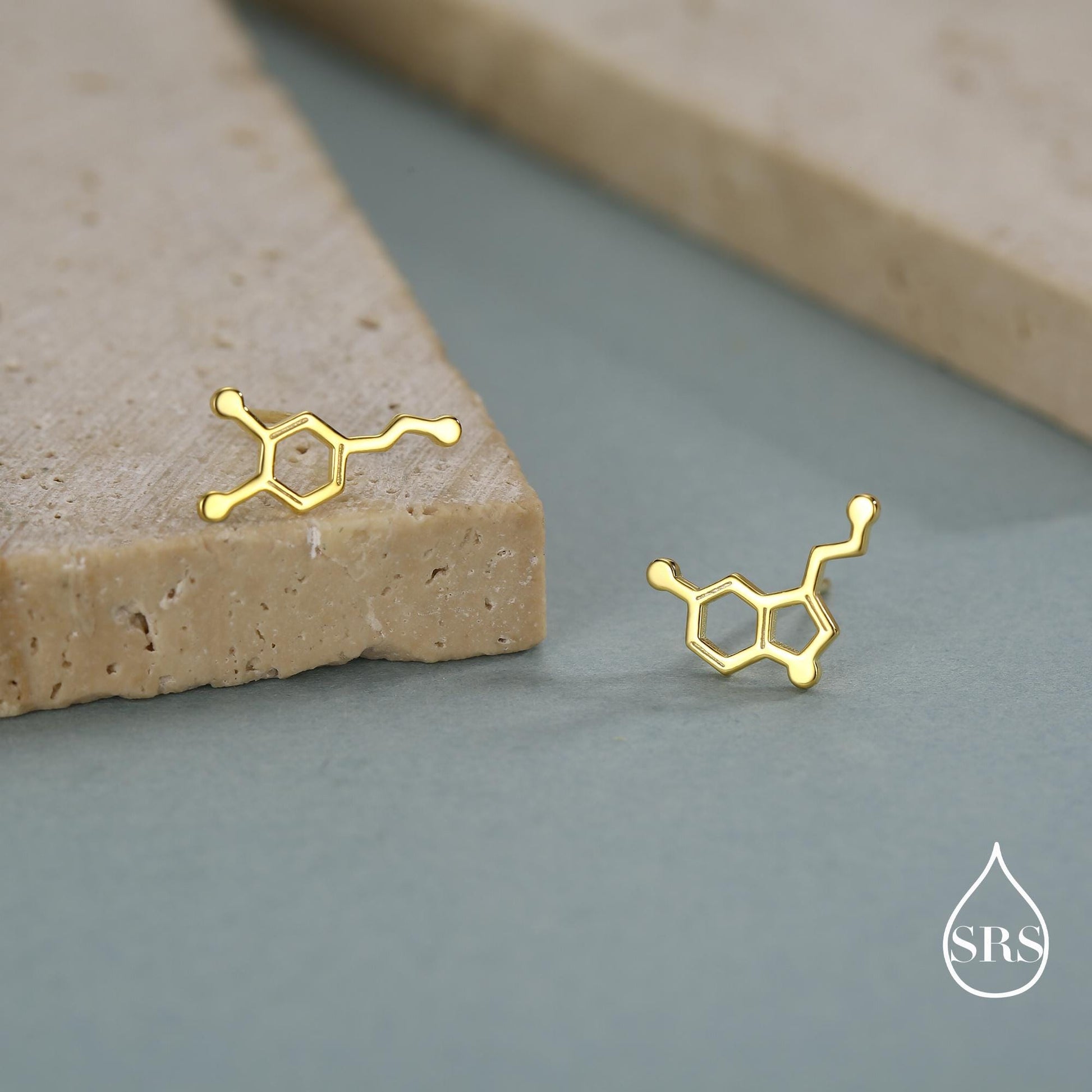 Mismatched Happiness Molecules Stud Earrings in Sterling Silver, Asymmetric Dopamine and Serotonin Earrings
