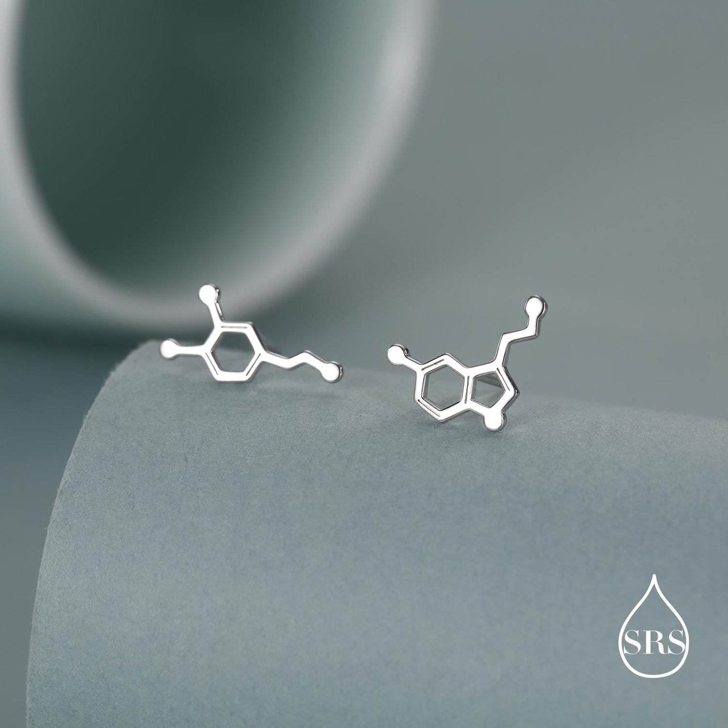 Mismatched Happiness Molecules Stud Earrings in Sterling Silver, Asymmetric Dopamine and Serotonin Earrings