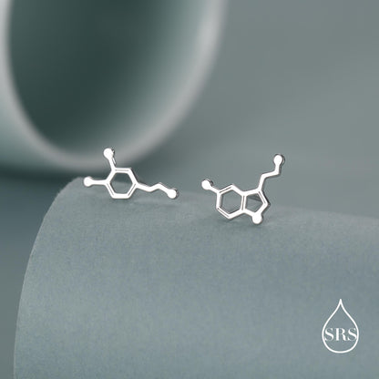Mismatched Happiness Molecules Stud Earrings in Sterling Silver, Asymmetric Dopamine and Serotonin Earrings