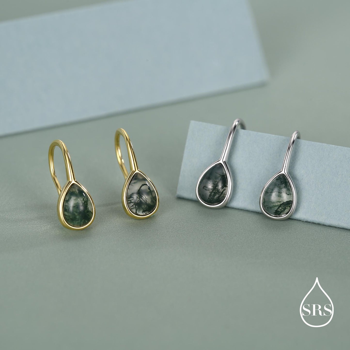 Sterling Silver Moss Agate Pear Drop Earrings