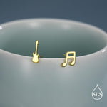 Mismatched Electric Guitar and Music Note Stud Earrings in Sterling Silver, Asymmetric Guitar and Music Fun Earrings