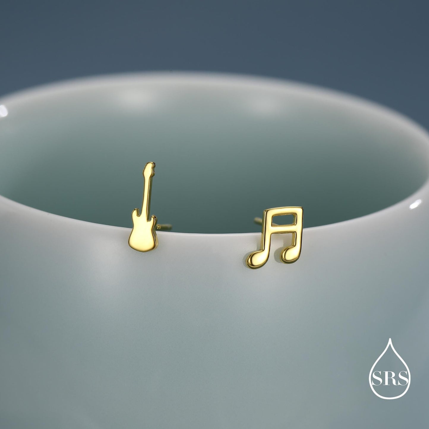 Mismatched Electric Guitar and Music Note Stud Earrings in Sterling Silver, Asymmetric Guitar and Music Fun Earrings