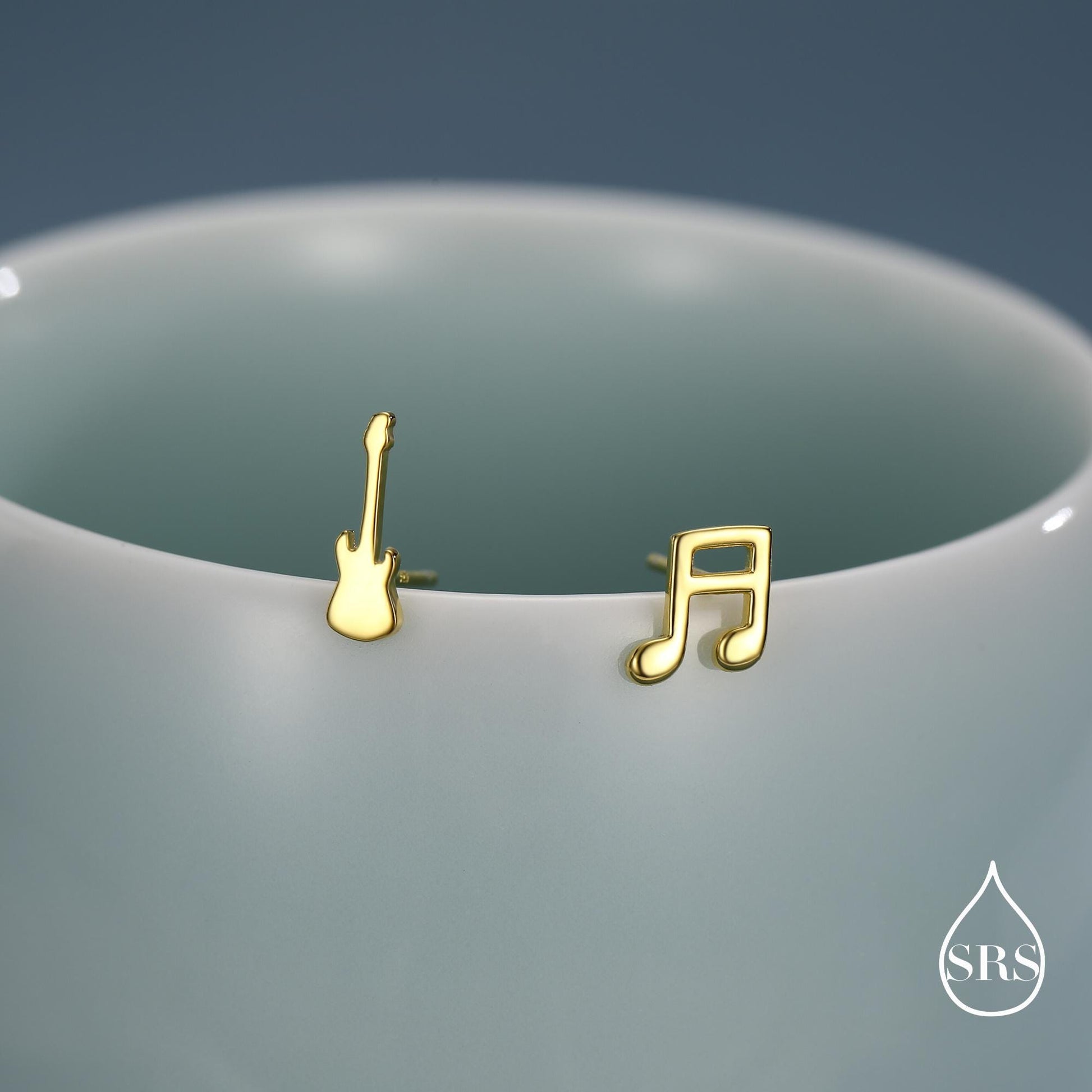 Mismatched Electric Guitar and Music Note Stud Earrings in Sterling Silver, Asymmetric Guitar and Music Fun Earrings