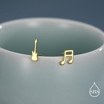 Mismatched Electric Guitar and Music Note Stud Earrings in Sterling Silver, Asymmetric Guitar and Music Fun Earrings