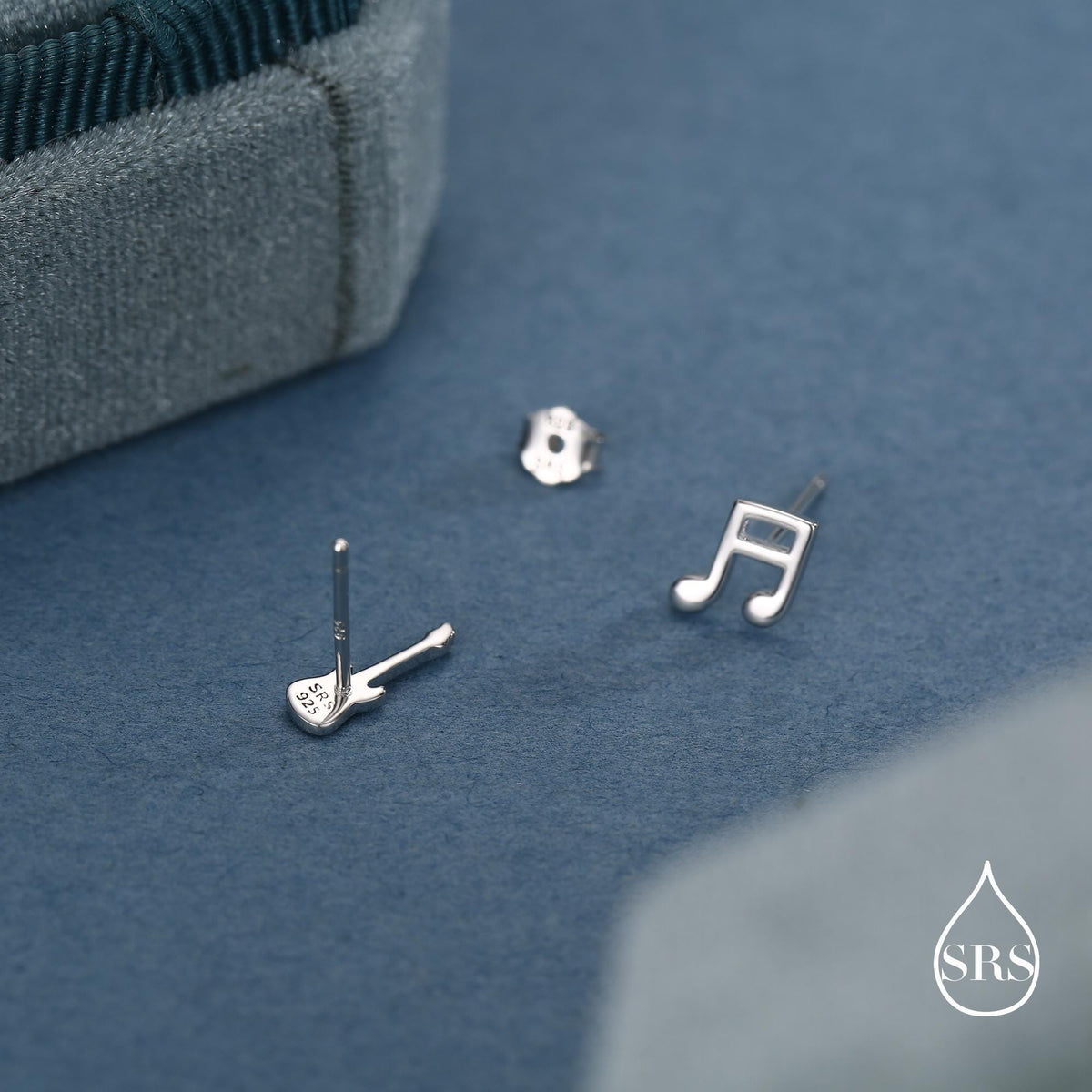 Mismatched Electric Guitar and Music Note Stud Earrings in Sterling Silver, Asymmetric Guitar and Music Fun Earrings
