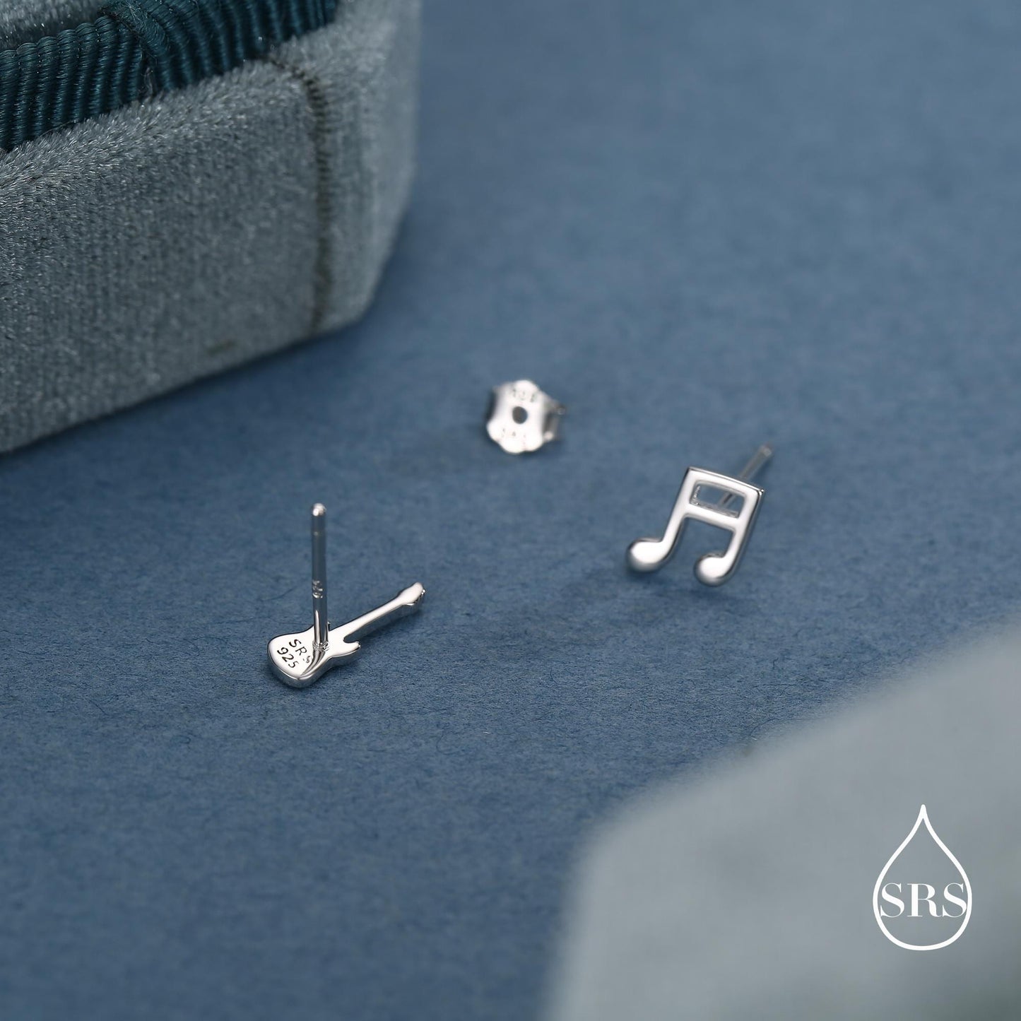 Mismatched Electric Guitar and Music Note Stud Earrings in Sterling Silver, Asymmetric Guitar and Music Fun Earrings