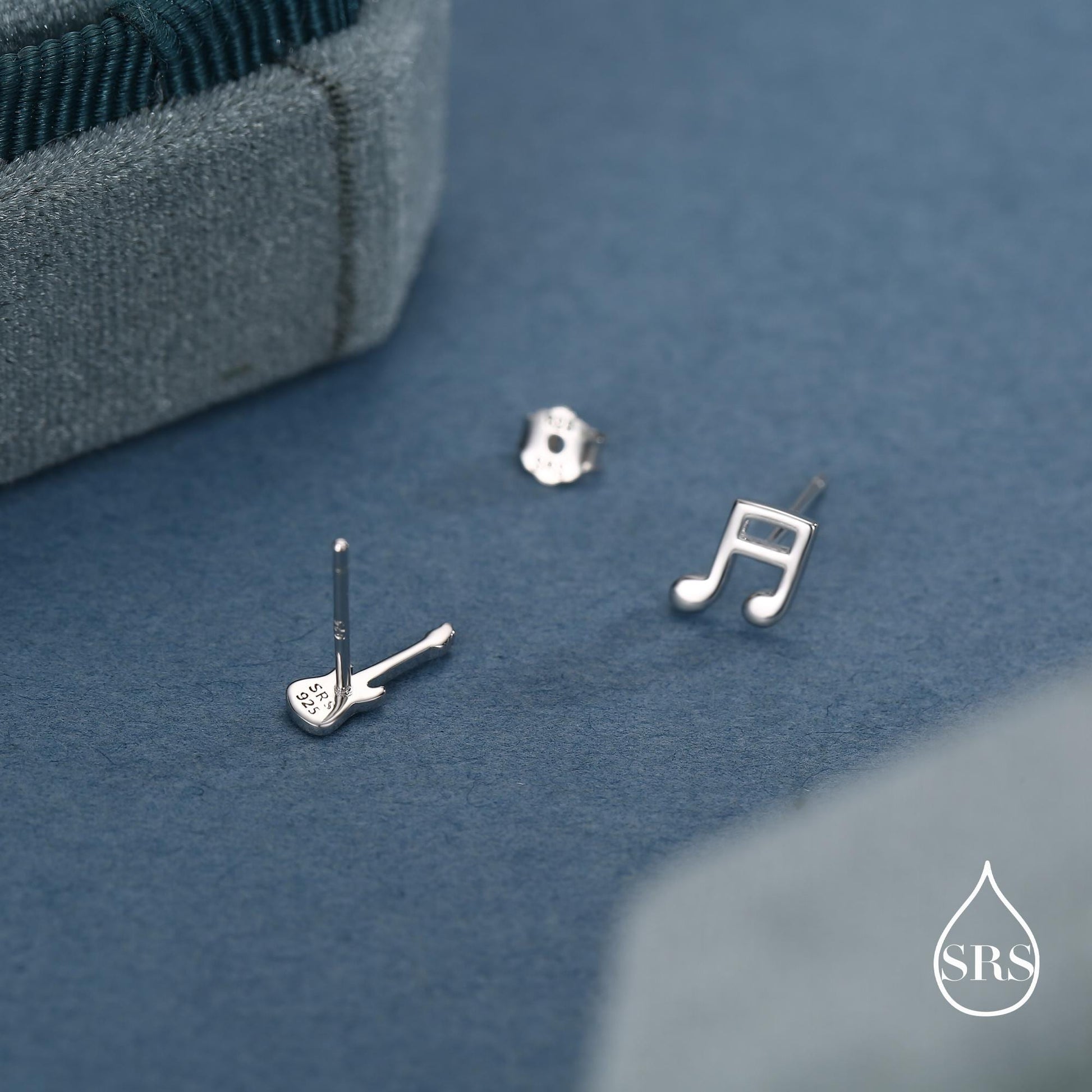 Mismatched Electric Guitar and Music Note Stud Earrings in Sterling Silver, Asymmetric Guitar and Music Fun Earrings