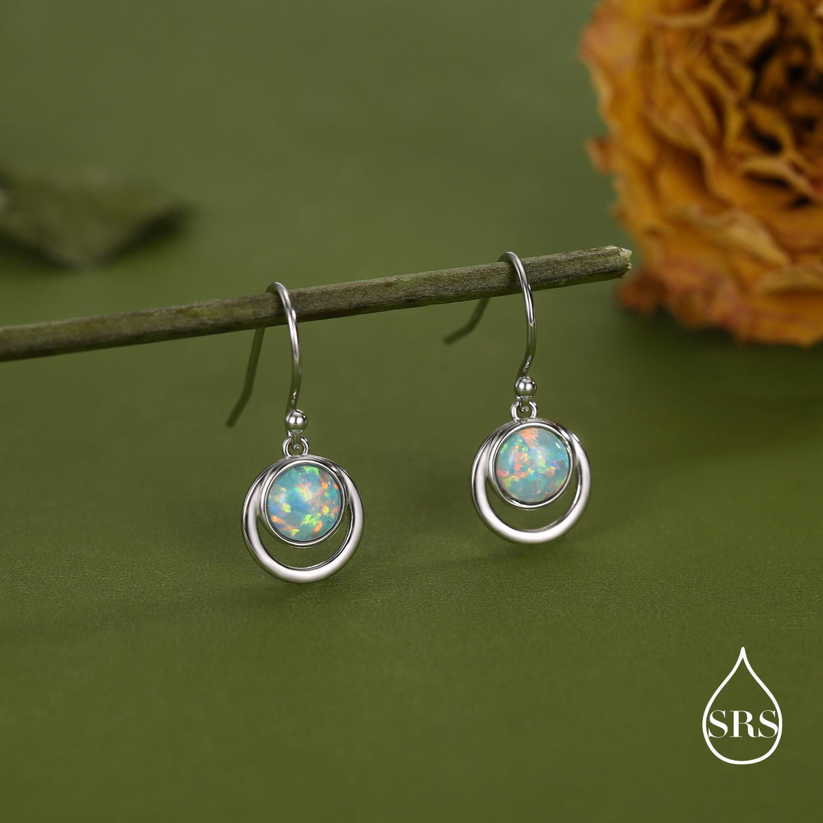 Aqua Green Opal and Circle Drop Hook Earrings in Sterling Silver, Delicate Fire Opal Geometric Earrings, Opal Coin Earrings