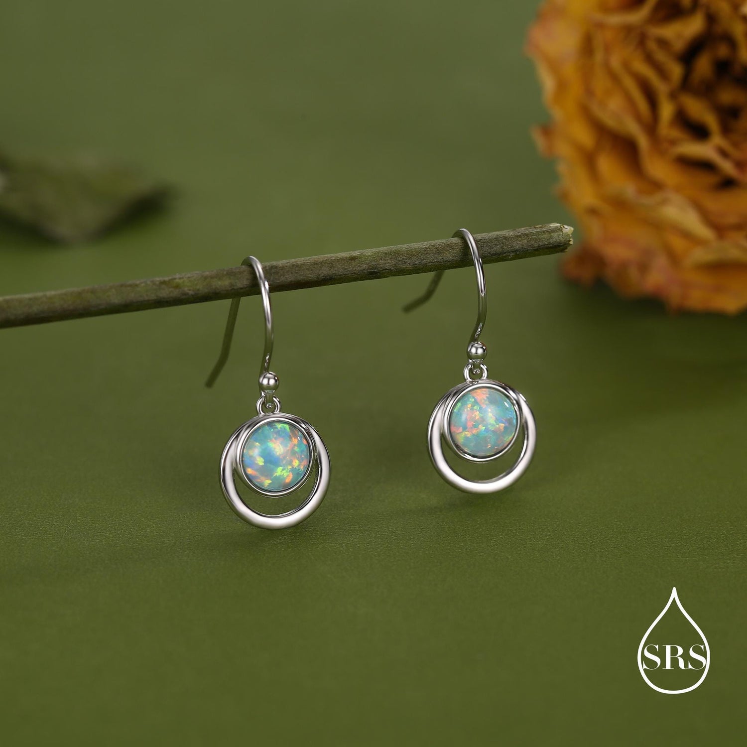 Aqua Green Opal and Circle Drop Hook Earrings in Sterling Silver, Delicate Fire Opal Geometric Earrings, Opal Coin Earrings