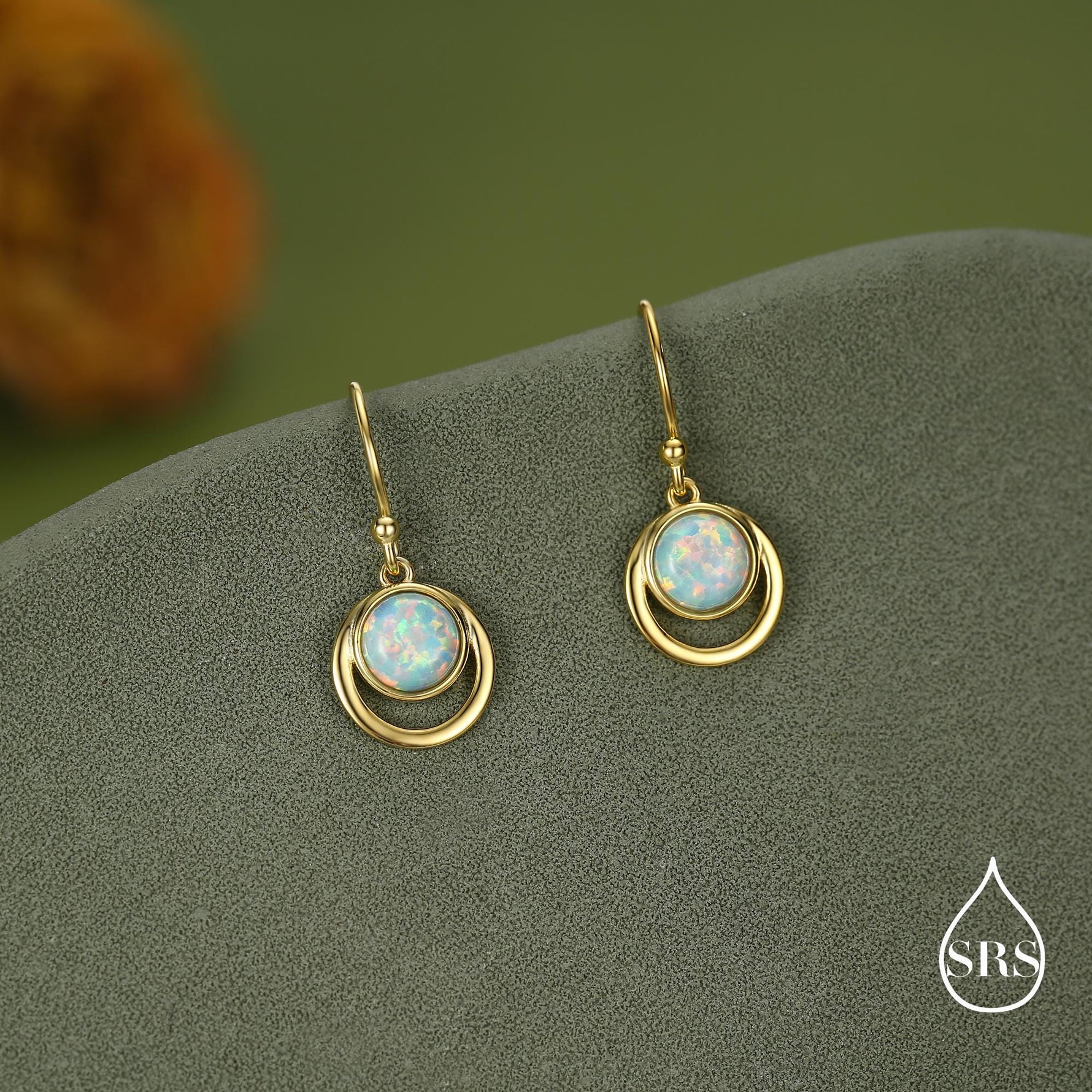 Aqua Green Opal and Circle Drop Hook Earrings in Sterling Silver, Delicate Fire Opal Geometric Earrings, Opal Coin Earrings