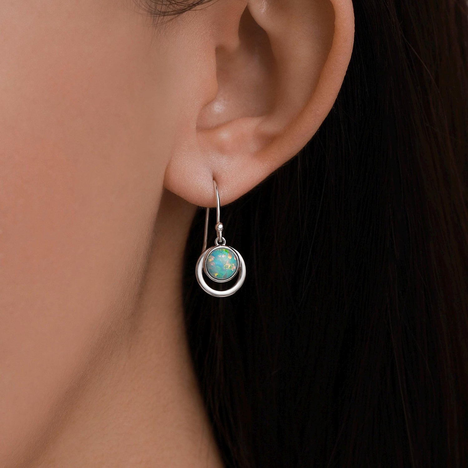 Aqua Green Opal and Circle Drop Hook Earrings in Sterling Silver, Delicate Fire Opal Geometric Earrings, Opal Coin Earrings