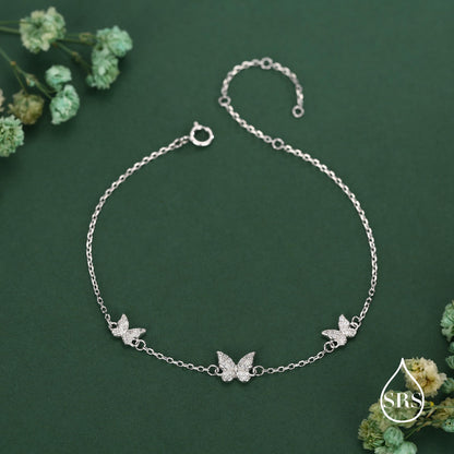 CZ Butterfly Floating Bracelet in Sterling Silver, Silver or Gold or Rose gold, Satellite Crystal Bracelet, Solid Silver Bracelet