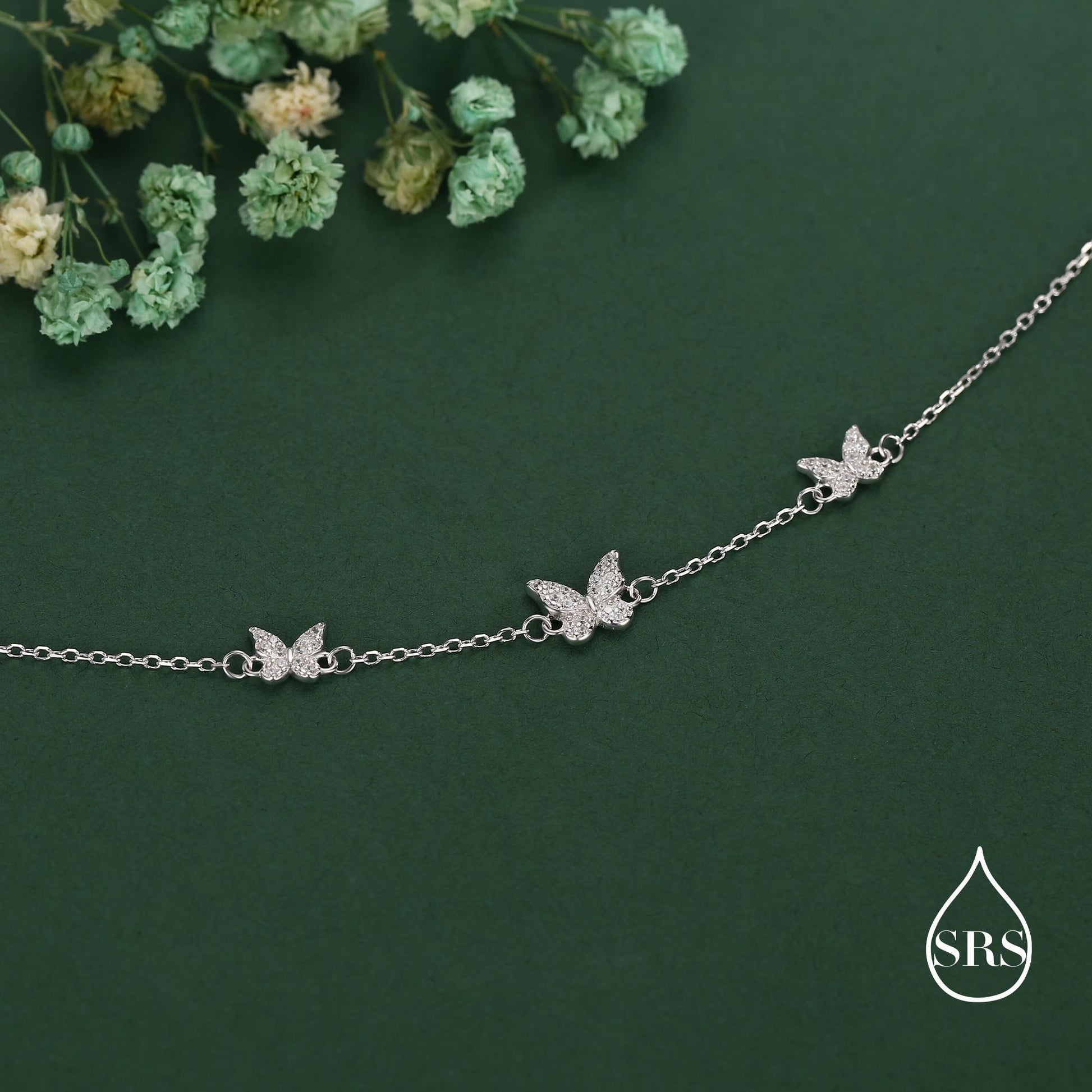 CZ Butterfly Floating Bracelet in Sterling Silver, Silver or Gold or Rose gold, Satellite Crystal Bracelet, Solid Silver Bracelet
