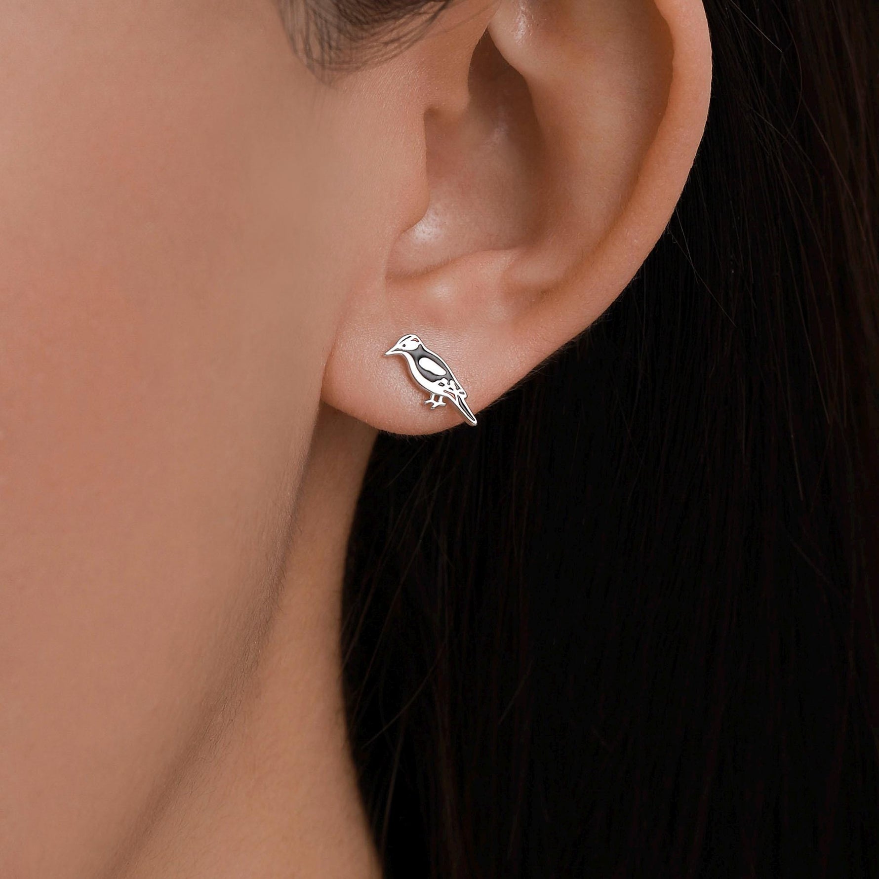 Sterling Silver Great Spotted Woodpecker Stud Earrings, Bird Earrrings