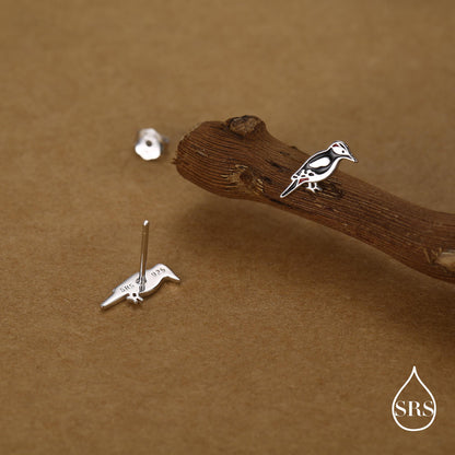 Sterling Silver Great Spotted Woodpecker Stud Earrings, Bird Earrrings