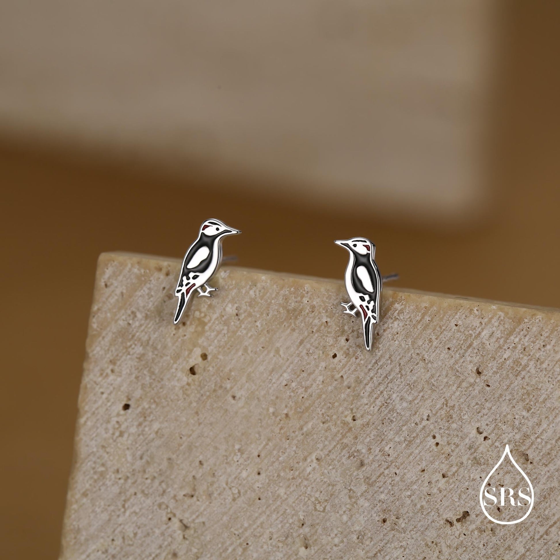 Sterling Silver Great Spotted Woodpecker Stud Earrings