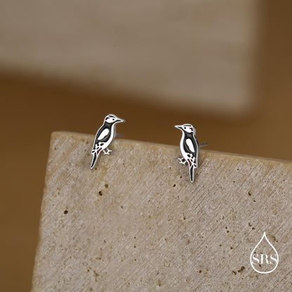 Sterling Silver Great Spotted Woodpecker Stud Earrings, Bird Earrrings