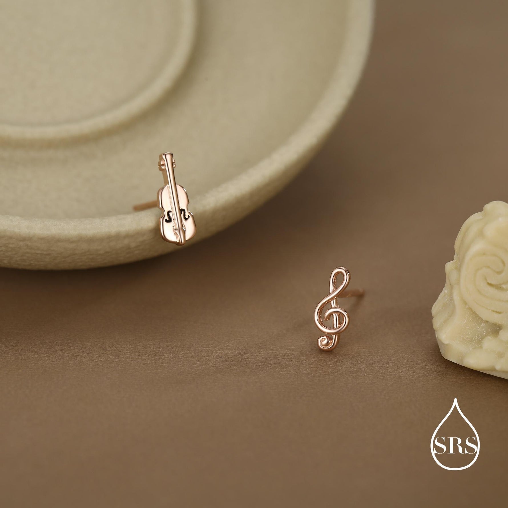 Mismatched Violin and Music Note Stud Earrings in Sterling Silver, Asymmetric Violin and Music Earrings