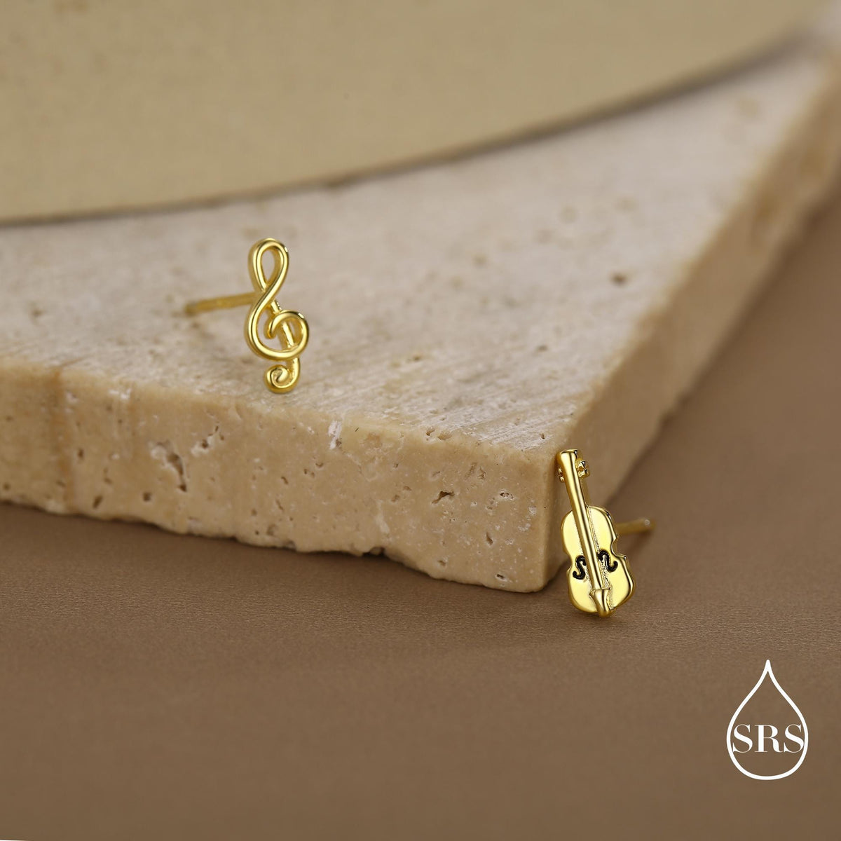 Mismatched Violin and Music Note Stud Earrings in Sterling Silver, Asymmetric Violin and Music Earrings