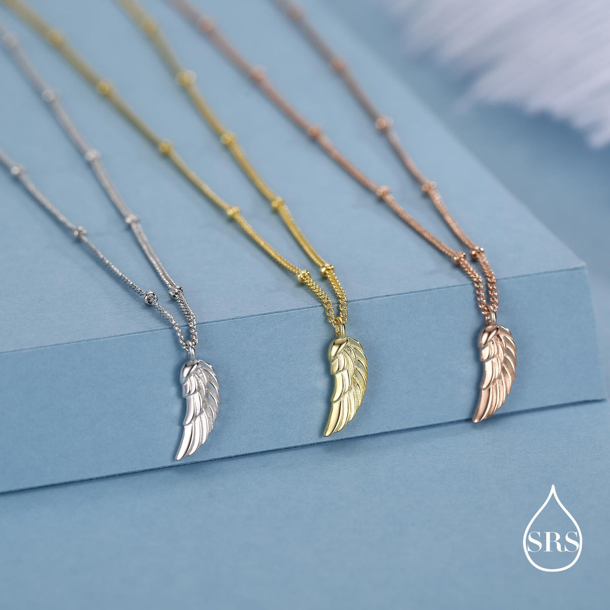 Tiny and Delicate Angel Wing Pendant Necklace in Sterling Silver with a Satellite Chain, Bird Necklace, Silver or Gold or Rose Gold