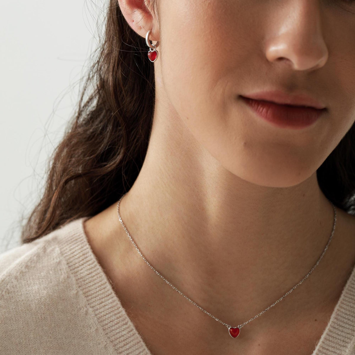 Sterling Silver Genuine Red Onyx Heart Huggie Hoop Earrings