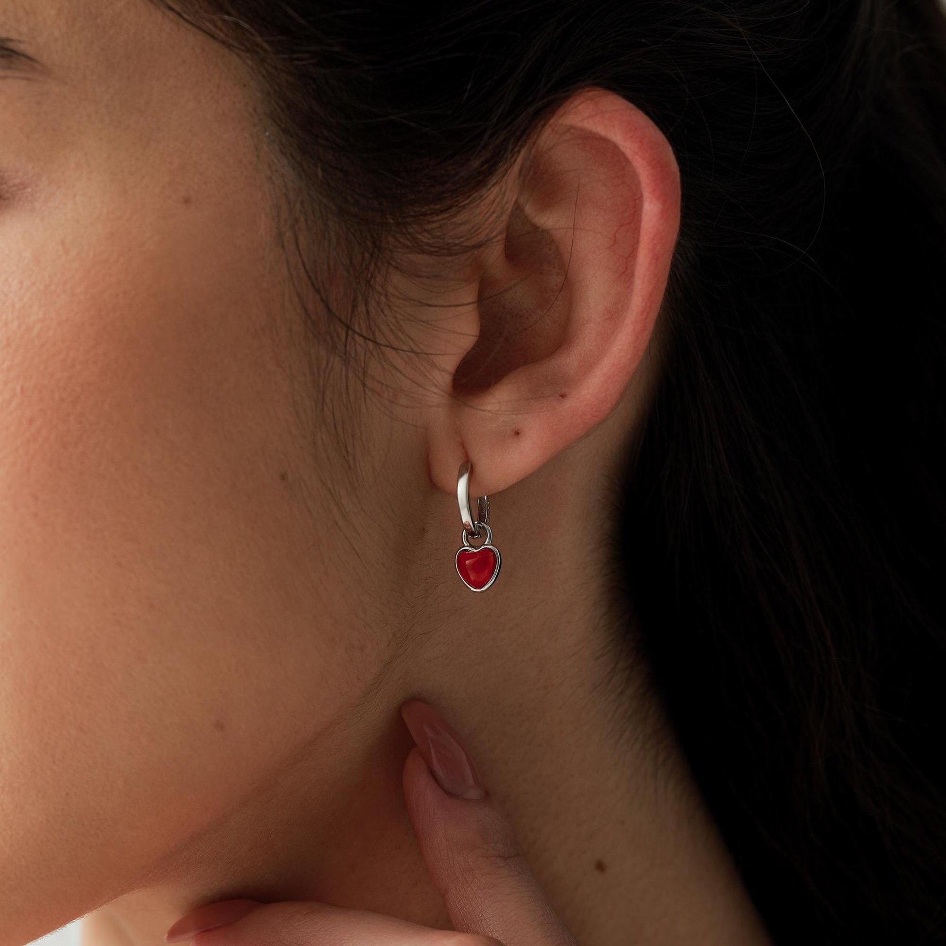 Natural Red Onyx Heart Dangle Huggie Hoop Earrings in Sterling Silver, Silver or Gold, Detachable Genuine Red Onyx Heart Charm Hoops