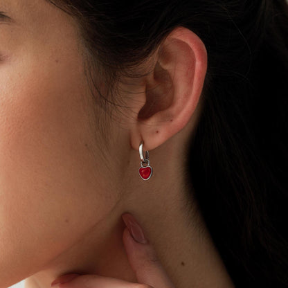 Natural Red Onyx Heart Dangle Huggie Hoop Earrings in Sterling Silver, Silver or Gold, Detachable Genuine Red Onyx Heart Charm Hoops