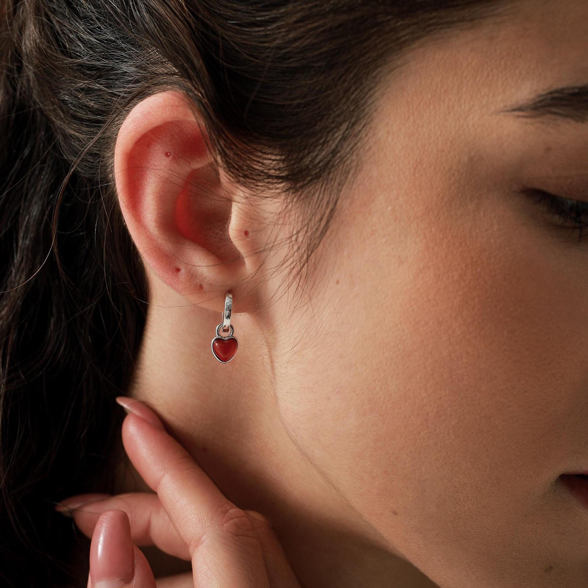 Natural Red Onyx Heart Dangle Huggie Hoop Earrings in Sterling Silver, Silver or Gold, Detachable Genuine Red Onyx Heart Charm Hoops