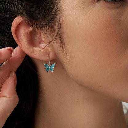 Blue Butterfly Enamel Drop Hook Earrings in Sterling Silver, Aqua Blue Enamel Butterfly Earrings, Insect Animal Earrings, Nature-Inspired