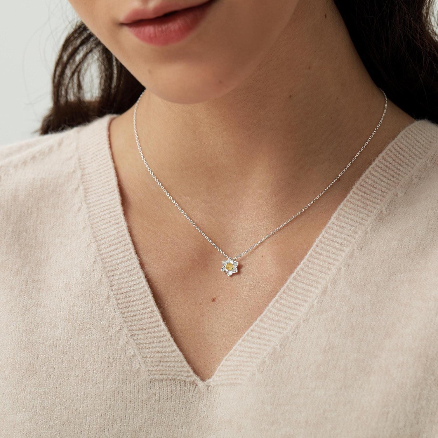 Sterling Silver Tiny Little Daffodil Flower Blossom Pendant Necklace with 18ct Gold Plating