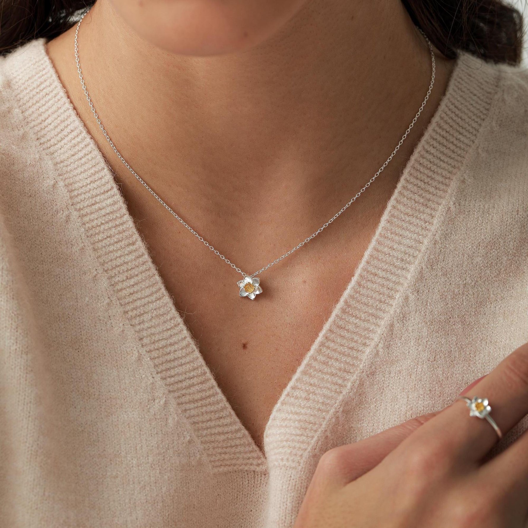 Sterling Silver Tiny Little Daffodil Flower Blossom Pendant Necklace with 18ct Gold Plating