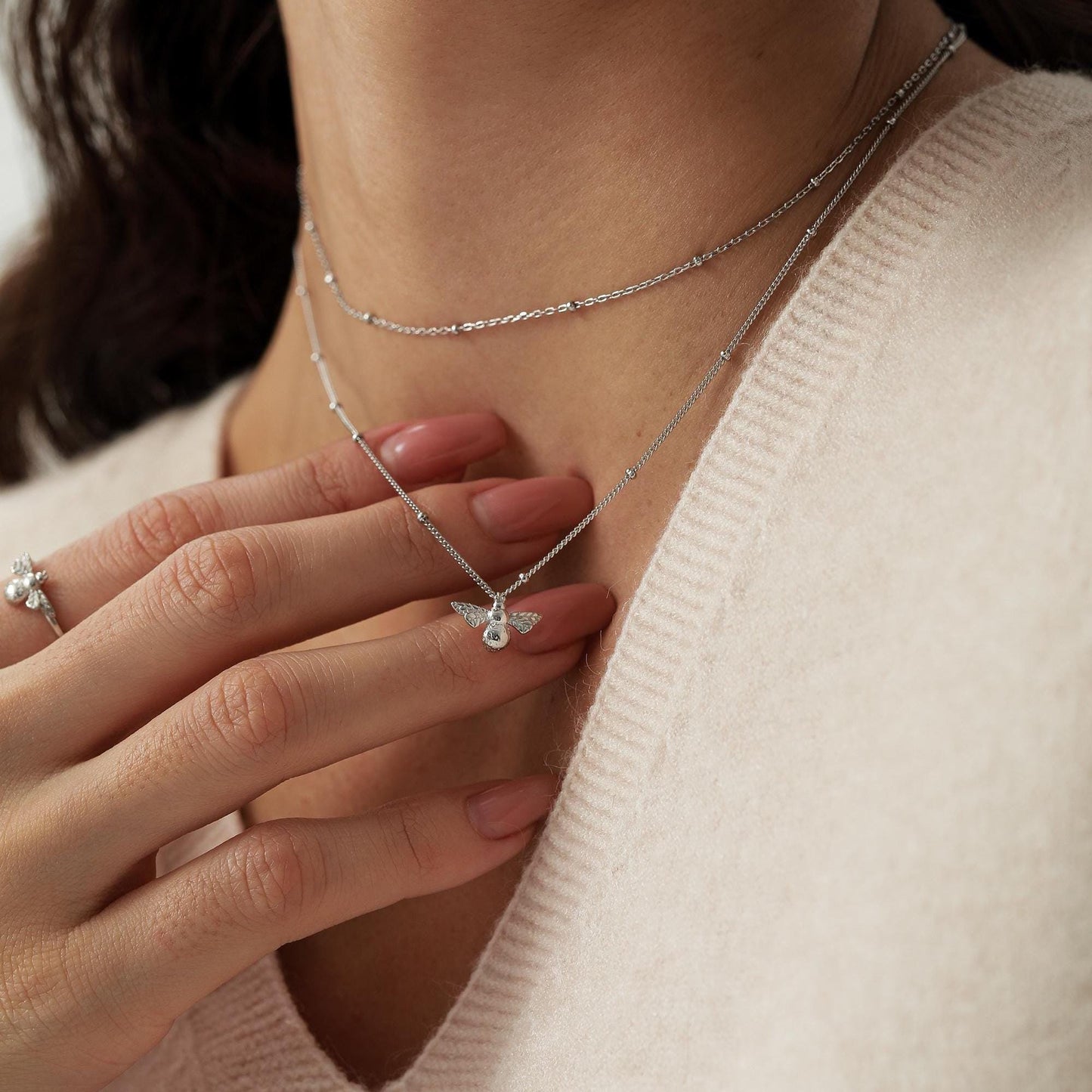 Tiny Bumble Bee Pendant Necklace in Sterling Silver, Silver or Gold, Beaded Chain Bee Necklace, Satellite Chain, Nature Inspired
