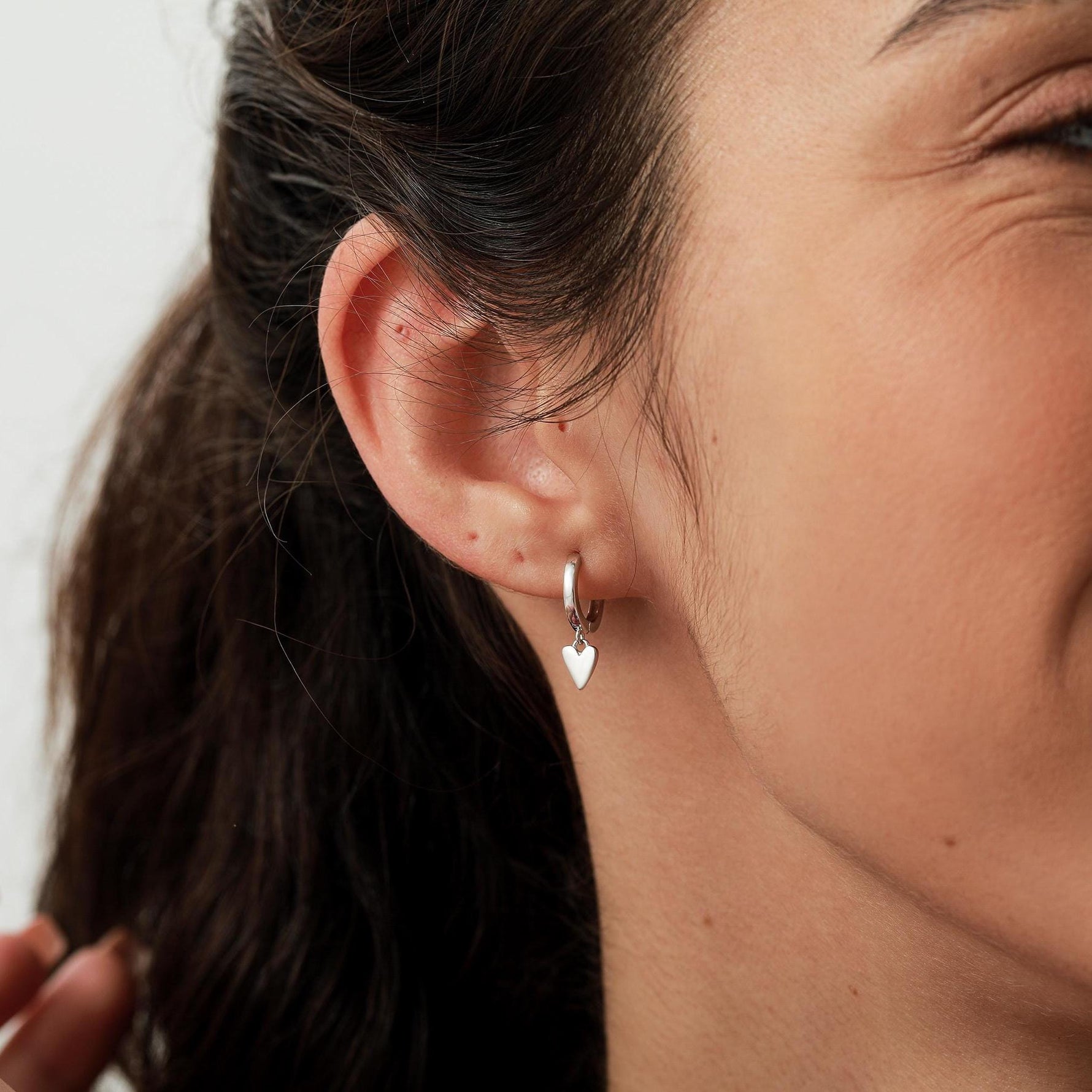 Tiny Heart Dangle Huggie Hoop in Sterling Silver, Silver or Gold or Rose Gold, Skinny Heart Earrings, Heart Huggie Hoops