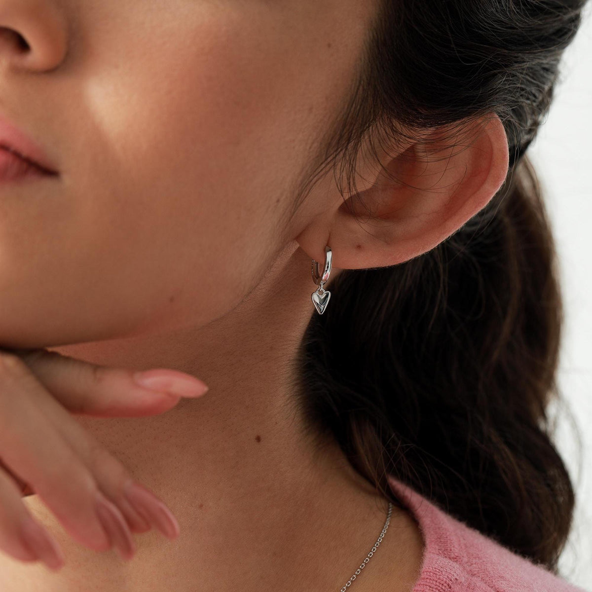 Tiny Heart Dangle Huggie Hoop in Sterling Silver, Silver or Gold or Rose Gold, Skinny Heart Earrings, Heart Huggie Hoops