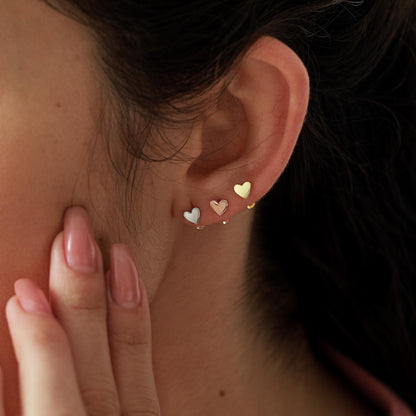 Tiny Heart Huggie Hoop Earrings in Sterling Silver, Silver, Gold or Rose Gold, Dainty Little Heart Open Threader, Threader Hoop Earrings