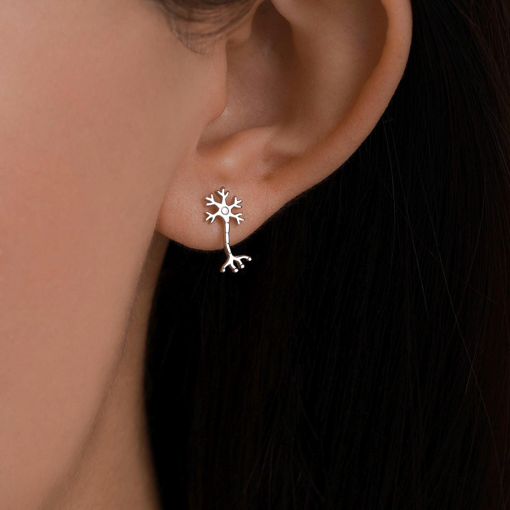 Tiny Neuron Cell 16G Internally Threaded Flat Back Earrings in Sterling Silver