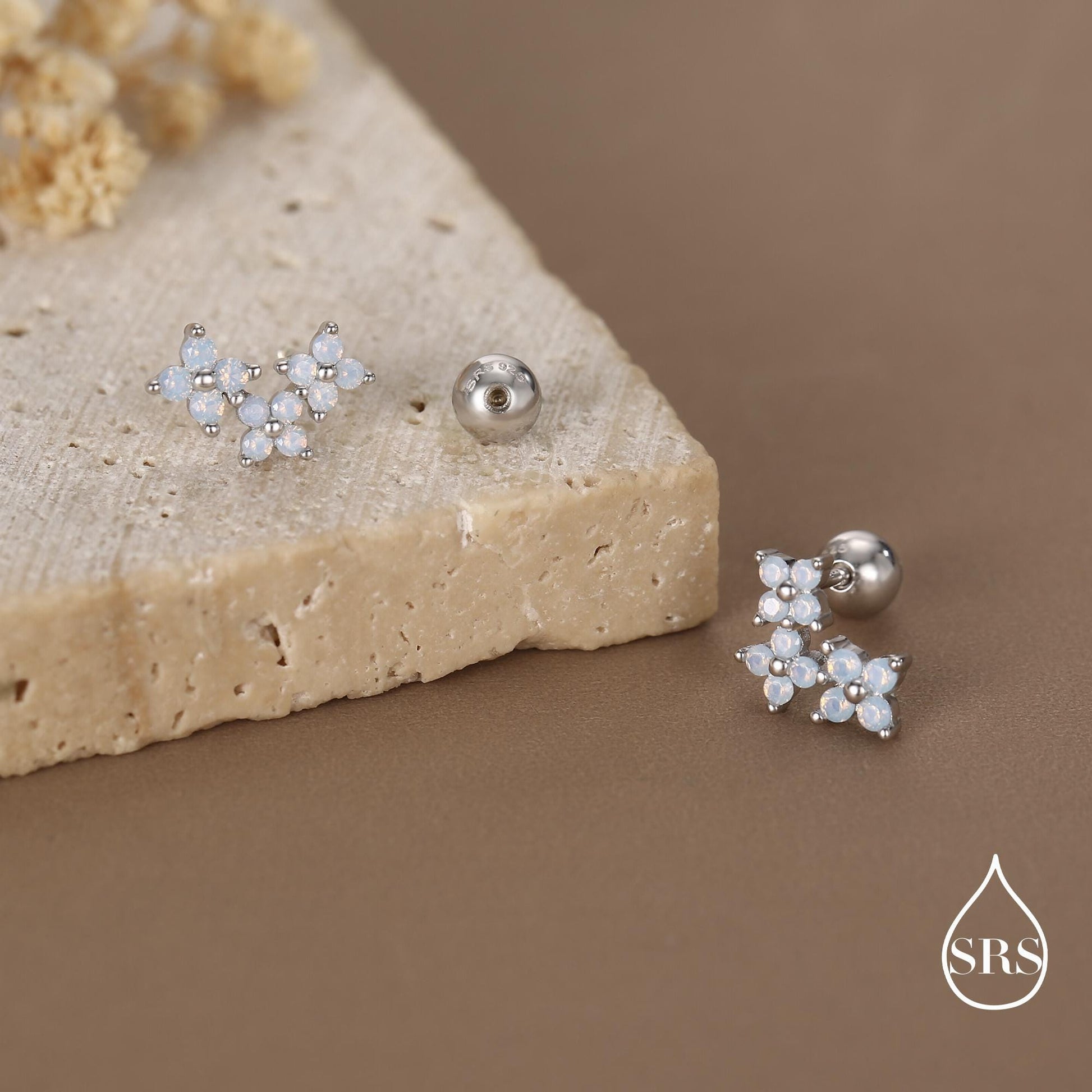 Opal Colour CZ Hydrangea Bouquet 18G Screw Back Earrings in Sterling Silver, Silver, Gold or Rose Gold, Flower Earrings