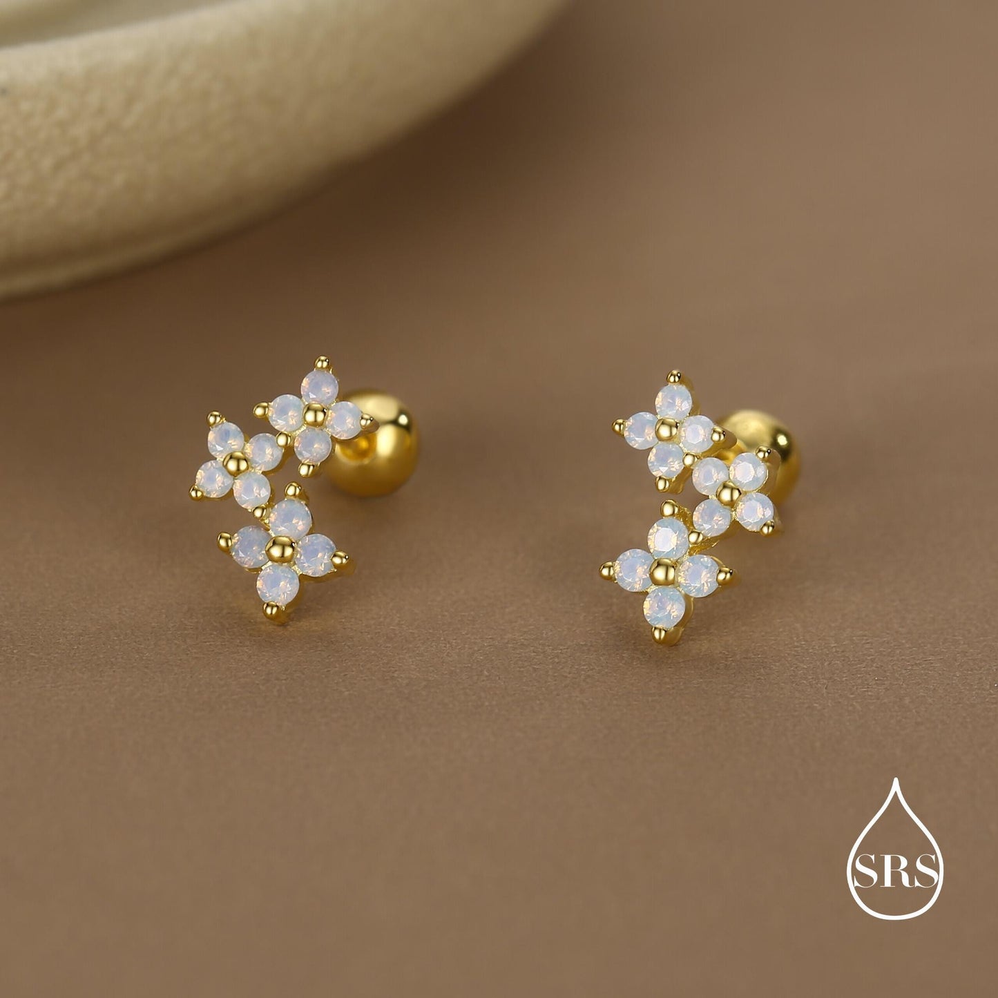 Opal Colour CZ Hydrangea Bouquet 18G Screw Back Earrings in Sterling Silver, Silver, Gold or Rose Gold, Flower Earrings