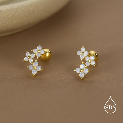 Opal Colour CZ Hydrangea Bouquet 18G Screw Back Earrings in Sterling Silver, Silver, Gold or Rose Gold, Flower Earrings