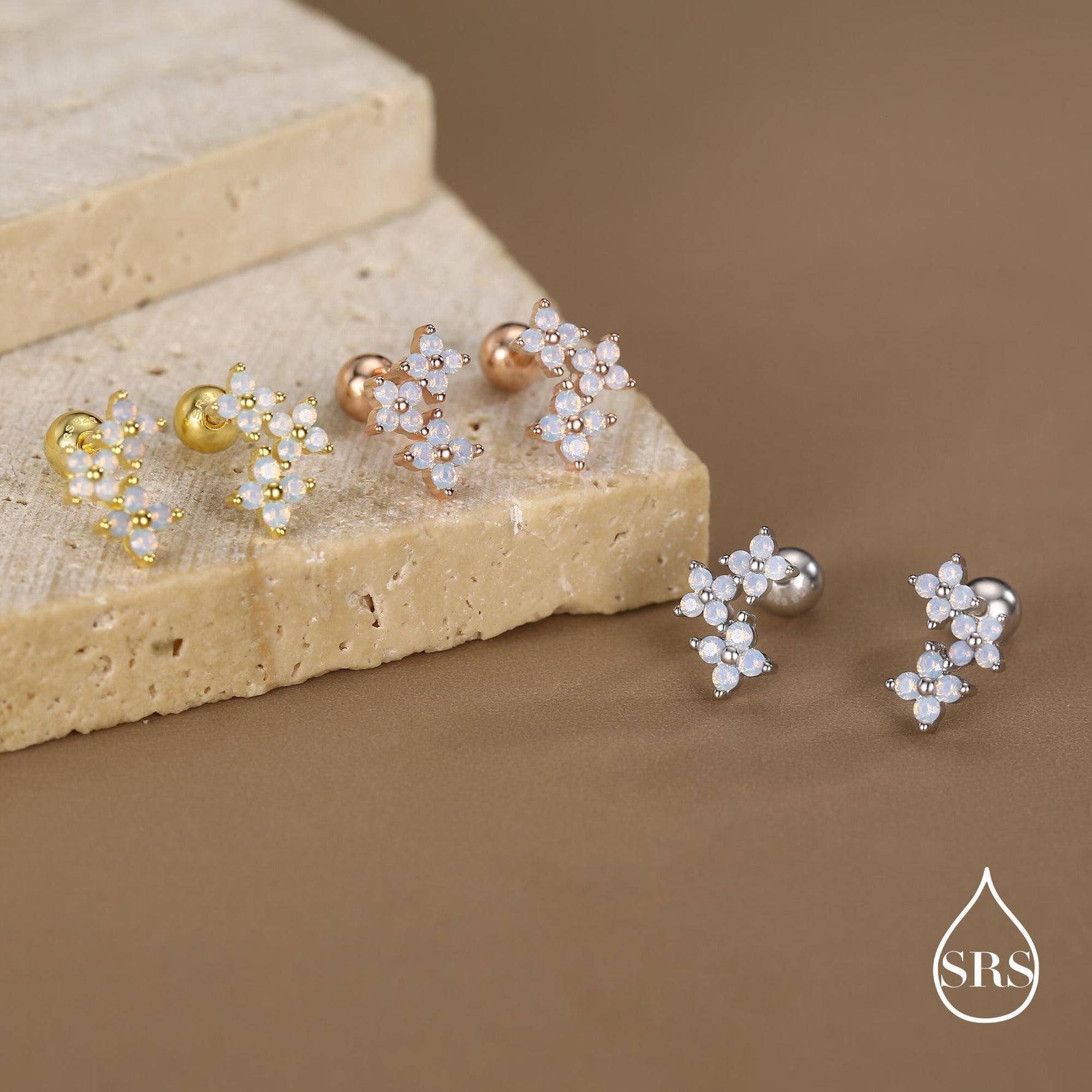 Opal Colour CZ Hydrangea Bouquet 18G Screw Back Earrings in Sterling Silver, Silver, Gold or Rose Gold, Flower Earrings