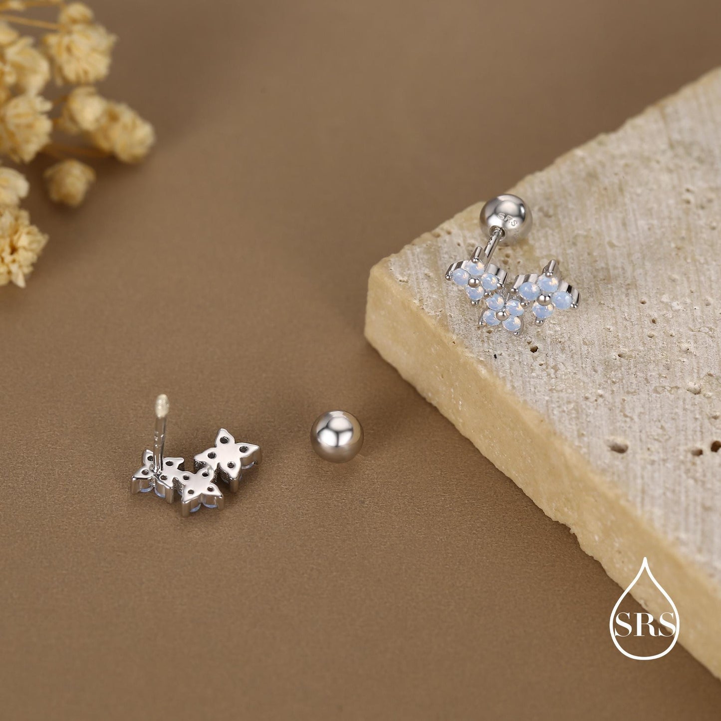 Opal Colour CZ Hydrangea Bouquet 18G Screw Back Earrings in Sterling Silver, Silver, Gold or Rose Gold, Flower Earrings