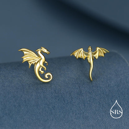 Extra Tiny Mismatched Dragon Stud Earrings in Sterling Silver, Silver or Gold or Rose Gold, Asymmetric Dragon Stud Earrings